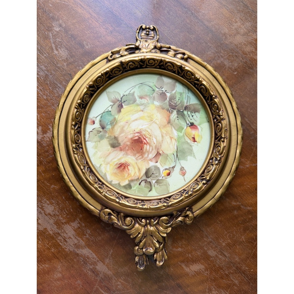 Vintage Framed Wheeling Tile Ornate Gold Frame Floral Rose READ